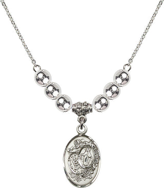 18" Rhodium Plated Necklace with 6mm Sterling Silver Beads featuring a Sterling Silver Miraculous Medal.