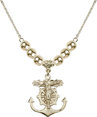 18" Hamilton Gold Plated Necklace with 6mm 14kt Gold Filled Beads featuring a 14kt Gold Filled Anchor Crucifix Medal.