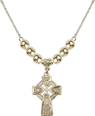 18" Hamilton Gold Plated Necklace with 6mm 14kt Gold Filled Beads featuring a 14kt Gold Filled Celtic Cross Medal.