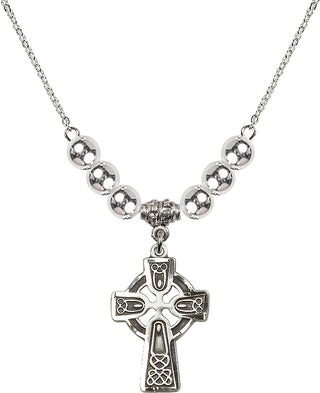 18" Rhodium Plated Necklace with 6mm Sterling Silver Beads featuring a Sterling Silver Celtic Cross Medal.