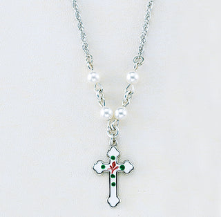 4mm White Finest Austrian Crystal Pearl Pendant | Sterling Silver Enameled Crucifix 18-inch Chain