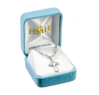 4mm White Finest Austrian Crystal Pearl Pendant | Sterling Silver Enameled Crucifix 18-inch Chain