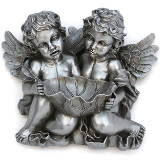 Cherub Holding Leaf Bowl Planter — Aged Silver finish