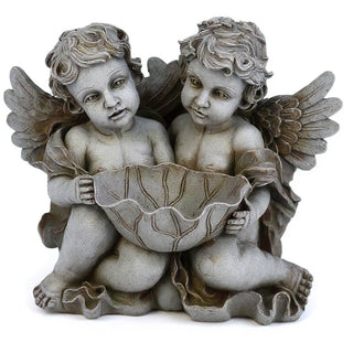 Cherub Holding Leaf Bowl Planter — Antique Stone finish
