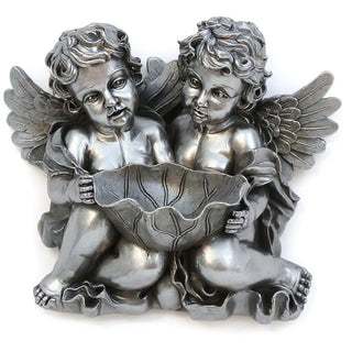 Cherub Holding Leaf Bowl Planter — Antique Silver finish