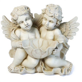 Cherub Holding Leaf Bowl Planter — Antique White finish