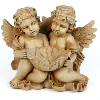 Cherub Holding Leaf Bowl Planter — Dusted Sand finish