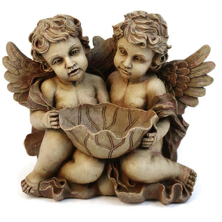 Cherub Holding Leaf Bowl Planter — Gothic Stone finish