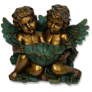 Cherub Holding Leaf Bowl Planter — Green Bronze finish