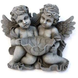 Cherub Holding Leaf Bowl Planter — Old Stone finish
