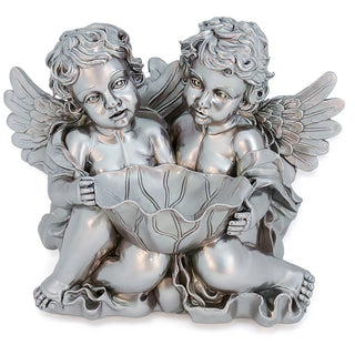 Cherub Holding Leaf Bowl Planter — Silver finish