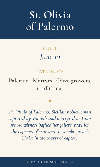 Saint Olivia of Palermo holy card  with feast day, patronage, and prayer