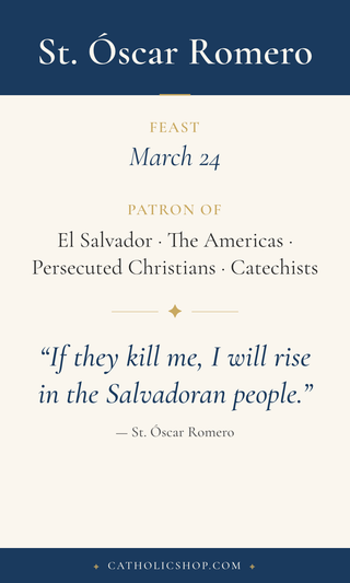 Saint Óscar Romero holy card  with feast day, patronage, and prayer