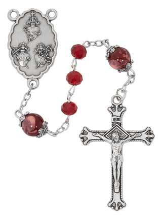 6mm Ruby 3 Heart Rosary with Capped Our Father Beads