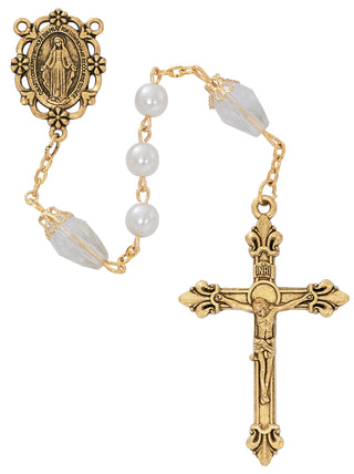 6mm Pearl & Crystal Antique Gold Rosary