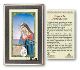 Silver Filled Sorrowful Mother Medal on an 18 inch Lite Curb Chain with a Prayer to Mother of Sorrow Prayer Card.