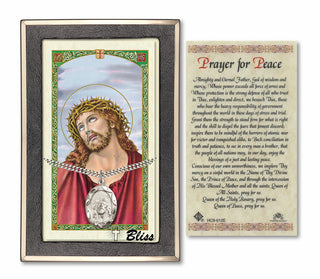Sterling Silver Ecce Homo Medal on an 18 inch Lite Curb Chain with a Prayer for Peace Prayer Card. Engraved Catholic Saint Jewelry