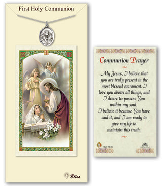Pewter Chalice Medal on an 18 inch Light Curb Chain with a Communion Prayer - Girl Prayer Card