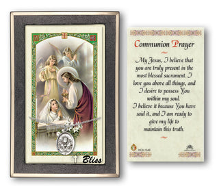 Silver Filled Chalice Medal on an 18 inch Lite Curb Chain with a Communion Prayer - Girl Prayer Card.