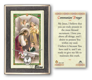 Silver Filled Holy Communion Medal on an 18 inch Lite Curb Chain with a Communion Prayer - Boy Prayer Card.