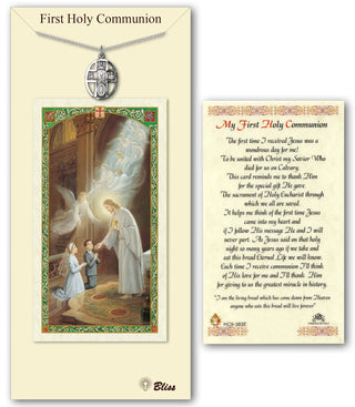 Pewter 5-Way / Chalice Medal on an 18 inch Light Curb Chain with a My First Holy Communion Prayer Card