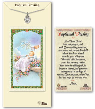 Pewter Baptism Medal on an 18 inch Lite Curb Chain with a Baptism Blessing Prayer Card.