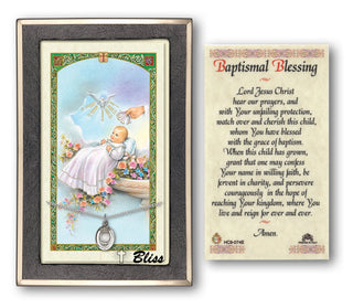 Sterling Silver Baptism Medal on an 18 inch Lite Curb Chain with a Baptism Blessing Prayer Card.