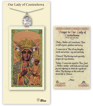 Pewter Our Lady of Czestochowa Medal on an 24 inch Heavy Curb Chain with a Prayer to Our Lady of Czestochowa Prayer Card.