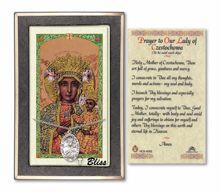 Silver Filled Our Lady of Czestochowa Medal on an 18 inch Lite Curb Chain with a Prayer to Our Lady of Czestochowa Prayer Card.