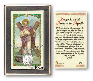 Silver Filled Saint Andrew the Apostle Medal on an 24 inch Heavy Curb Chain with a Prayer to St Andrew the Apostle Prayer Card. Engraved Catholic Saint Jewelry