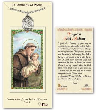 Pewter Saint Anthony of Padua Medal on an 24 inch Heavy Curb Chain with a Prayer to St Anthony Prayer Card. Engraved Catholic Saint Jewelry