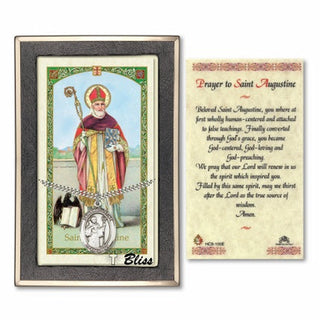 Silver Filled Saint Augustine Medal on an 24 inch Heavy Curb Chain with a Prayer to Saint Augustine Prayer Card. Engraved Catholic Saint Jewelry