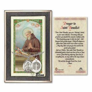 Silver Filled Saint Benedict Medal on an 24 inch Heavy Curb Chain with a Prayer to St Benedict Prayer Card.