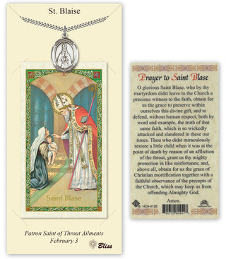 Pewter Saint Blaise Medal on an 24 inch Heavy Curb Chain with a Prayer to St Blas√© Prayer Card. Engraved Catholic Saint Jewelry