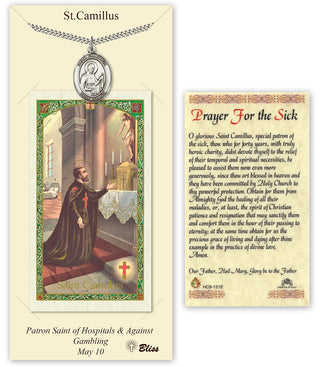 Pewter Saint Camillus of Lellis Medal on an 24 inch Heavy Curb Chain with a St Camillus - Prayer for the Sick Prayer Card. Engraved Catholic Saint Jewelry