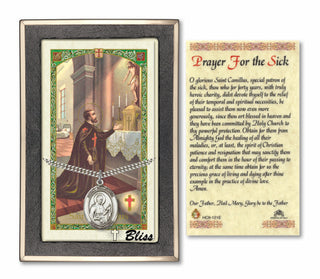 Silver Filled Saint Camillus of Lellis Medal on an 24 inch Heavy Curb Chain with a St Camillus - Prayer for the Sick Prayer Card. Engraved Catholic Saint Jewelry