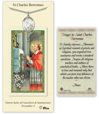 Pewter Saint Charles Borromeo Medal on an 24 inch Heavy Curb Chain with a Prayer to St Charles Boromeo Prayer Card. Engraved Catholic Saint Jewelry