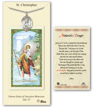 Pewter Saint Christopher Medal on an 24 inch Heavy Curb Chain with a Motorists Prayer to St Christopher Prayer Card. Engraved Catholic Saint Jewelry