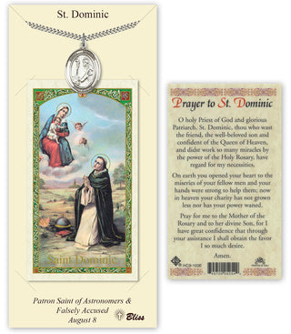 Pewter Saint Dominic de Guzman Medal on an 24 inch Heavy Curb Chain with a Prayer to Saint Dominic Guzman Prayer Card. Engraved Catholic Saint Jewelry
