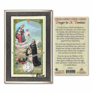 Silver Filled Saint Dominic de Guzman Medal on an 24 inch Heavy Curb Chain with a Prayer to Saint Dominic Guzman Prayer Card. Engraved Catholic Saint Jewelry