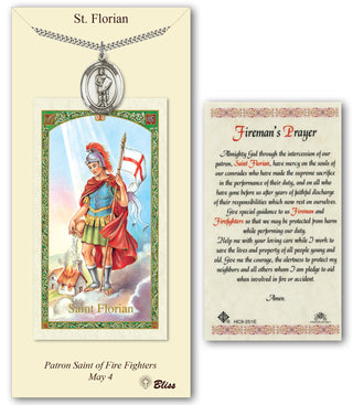 Pewter Saint Florian Medal on an 24 inch Heavy Curb Chain with a St Florian - Firemans Prayer Prayer Card. Engraved Catholic Saint Jewelry