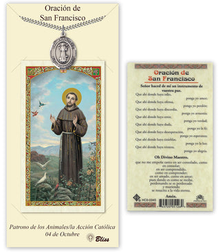 Pewter San Francis Medal on an 24 inch Heavy Curb Chain with a Prayer for Peace to St Francis Prayer Card. Engraved Catholic Saint Jewelry