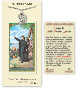 Pewter Saint Francis Xavier Medal on an 24 inch Heavy Curb Chain with a Prayer to St Francis Xavier Prayer Card. Engraved Catholic Saint Jewelry