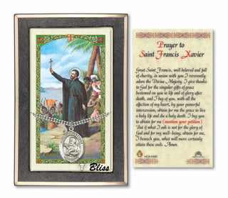 Silver Filled Saint Francis Xavier Medal on an 24 inch Heavy Curb Chain with a Prayer to St Francis Xavier Prayer Card. Engraved Catholic Saint Jewelry