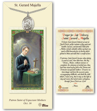 Pewter Saint Gerard Majella Medal on an 24 inch Heavy Curb Chain with a Prayer For Safe Delivery - St Gerard Majella Prayer Card. Engraved Catholic Saint Jewelry