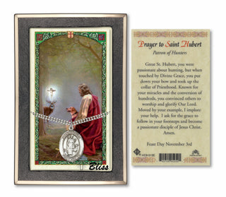 Silver Filled Saint Hubert of Liege Medal on an 24 inch Heavy Curb Chain with a Prayer to Saint Hubert Prayer Card. Engraved Catholic Saint Jewelry