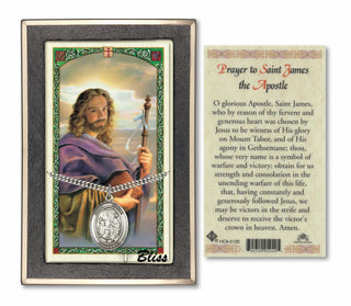 Sterling Silver Saint James the Greater Medal | 24-inch Chain | Prayer to Saint James the Apostle Prayer Card Engraved Catholic Saint Jewelry