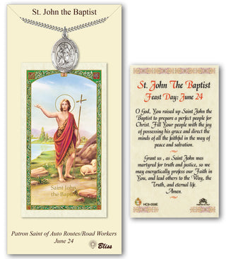 Pewter Saint John the Baptist Medal on an 24 inch Heavy Curb Chain with a Prayer to St John the Baptist Prayer Card. Engraved Catholic Saint Jewelry