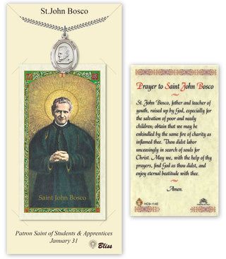 Pewter Saint John Bosco Medal on an 24 inch Heavy Curb Chain with a Prayer to St John Bosco Prayer Card. Engraved Catholic Saint Jewelry