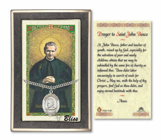 Silver Filled Saint John Bosco Medal on an 24 inch Heavy Curb Chain with a Prayer to St John Bosco Prayer Card. Engraved Catholic Saint Jewelry